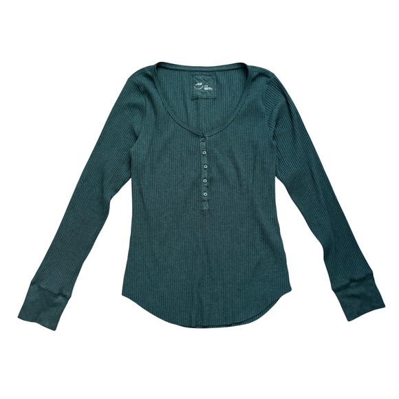 aerie Tops - Aerie Womens XL Forest Green Ribbed Long Sleeve Henley Top Curved Hem Scoop Neck